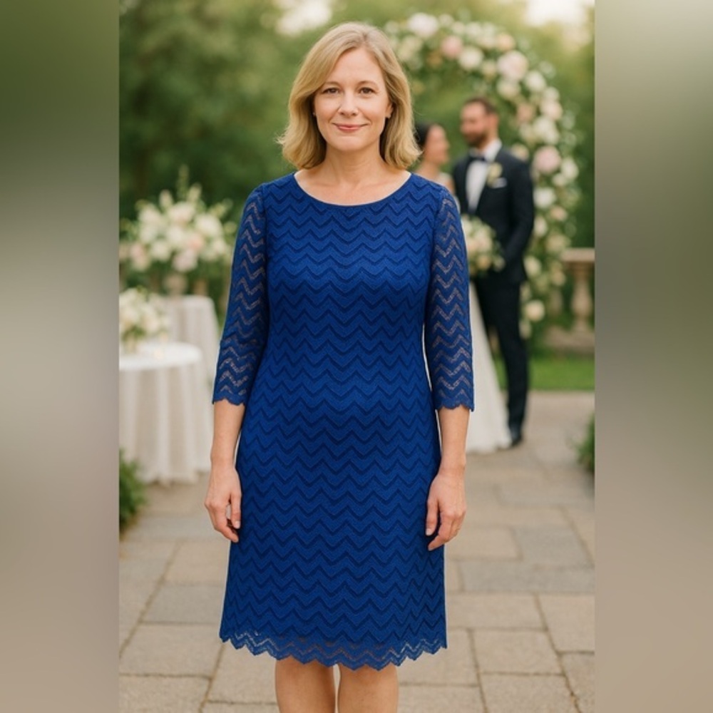 Tiana B Deep Blue Lace Overlay Lined Midi Sheath Dress Wedding Guest EUC 12 2045